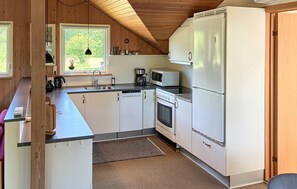 Fridge, stovetop, dishwasher, coffee/tea maker