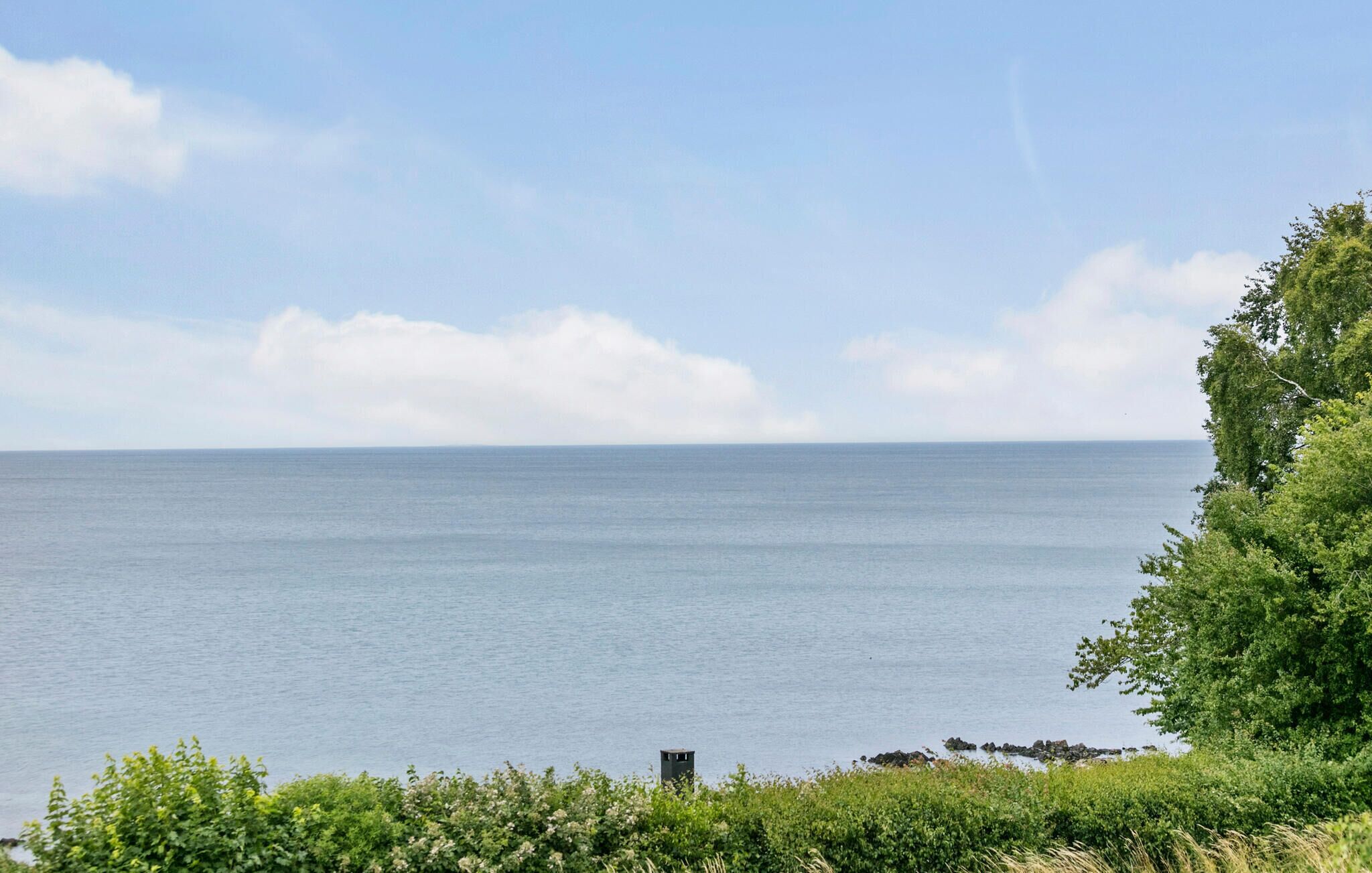 Une vue sur la côte, avec un ciel dégagé, une mer calme et une végétation luxuriante.
