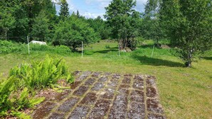 A grassy field with a paved area, surrounded by trees and a fence. - 1 bedroom gorgeous home in Ryssby (Ryssby)