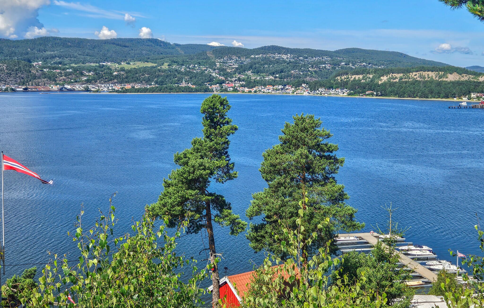 A coastal view with a marina, trees, and a distant town.