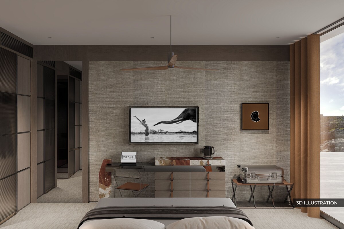 A modern bedroom with a large bed, a desk, and a large window.