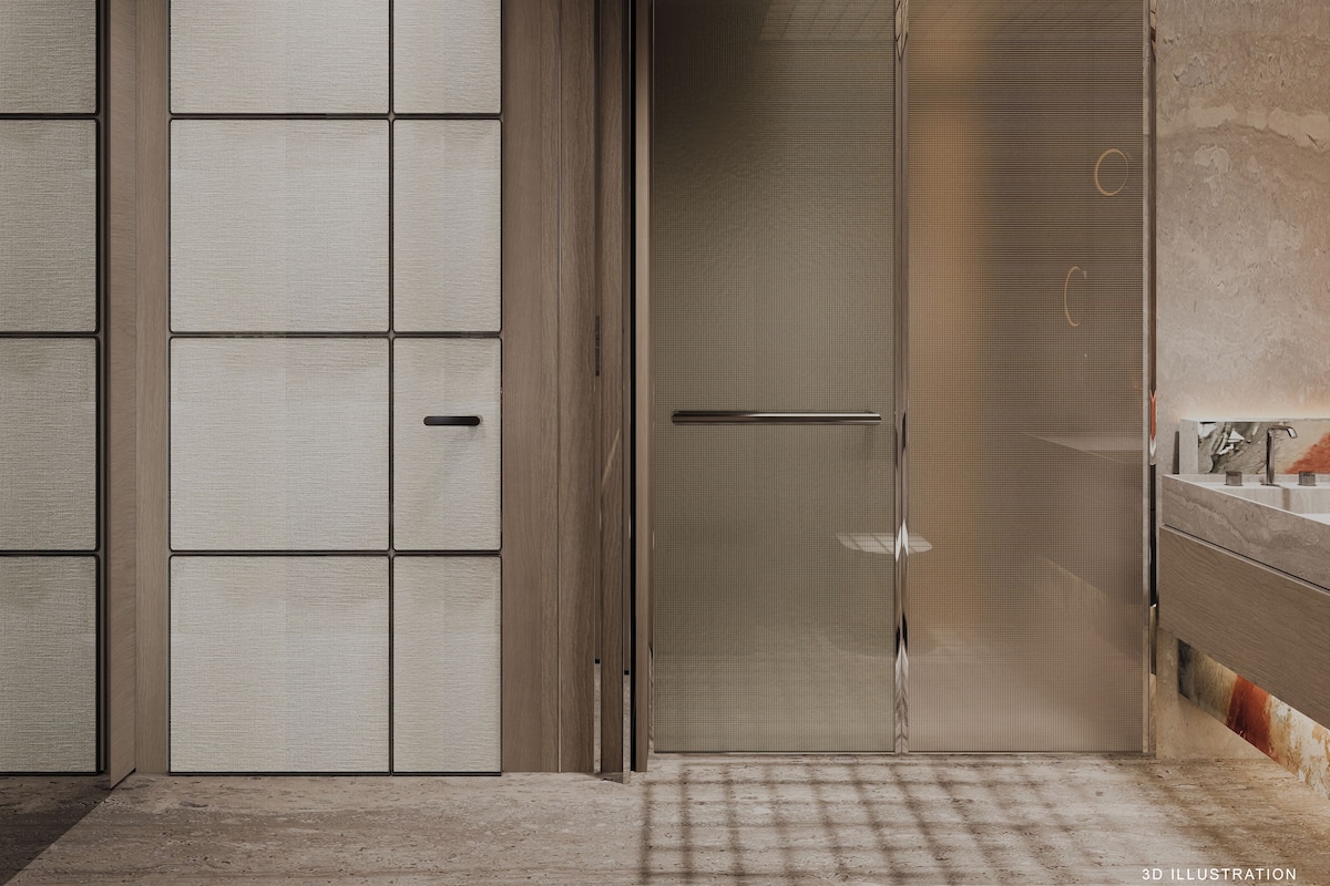 A modern bathroom with a large mirror, a sink, and a shower area.