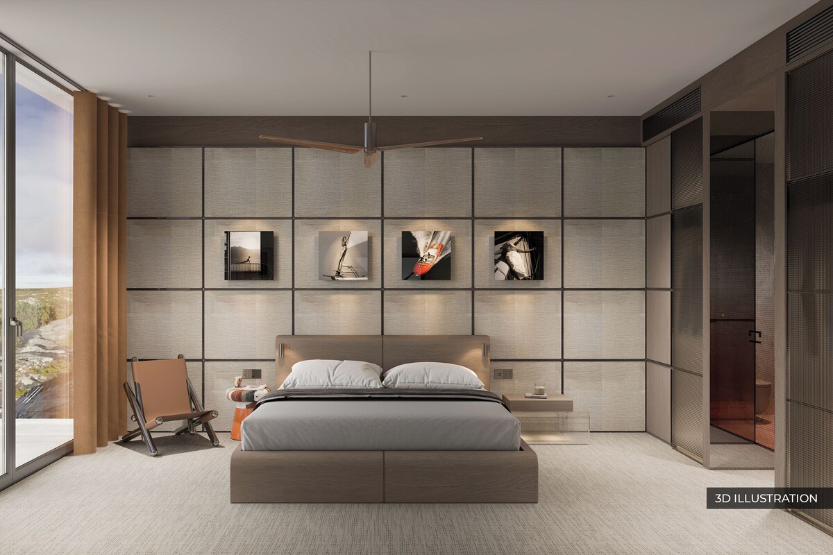 A modern bedroom with a large bed, a view through a sliding glass door, and artwork on the wall.