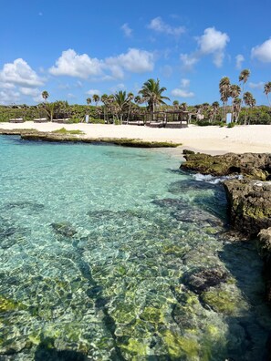 A beach with clear turquoise water, white sand, and palm trees. - Caleta Tankah (Tulum)