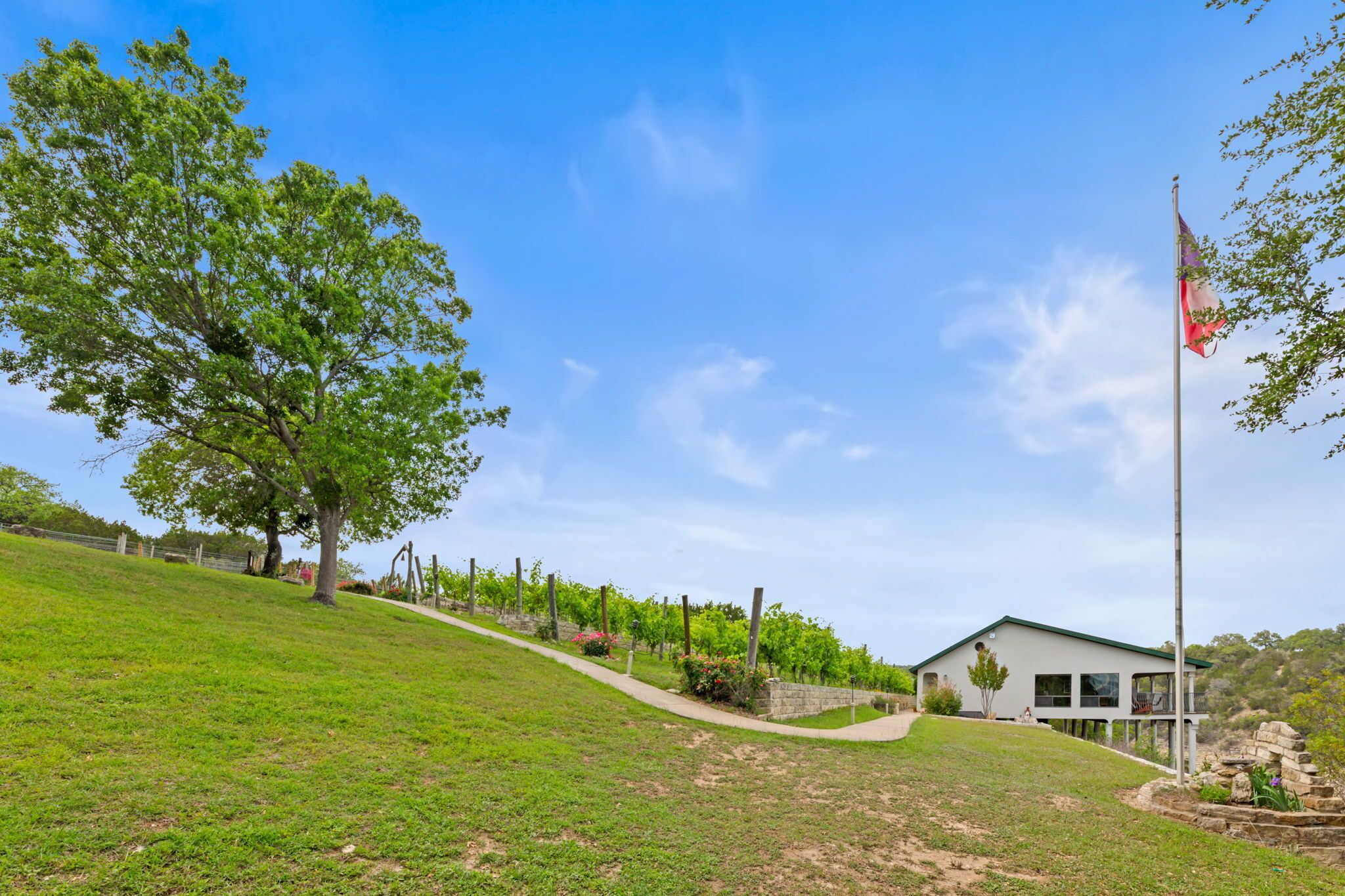 A modern house with a large lawn, a pathway, and a flagpole.
