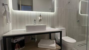 Tina, secadora de cabello, toallas, jabón