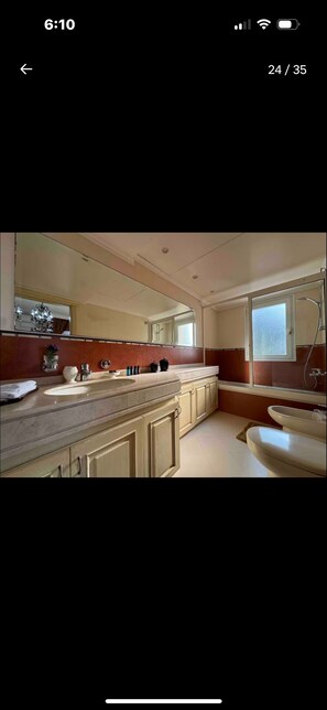 Shower, bidet, towels, soap