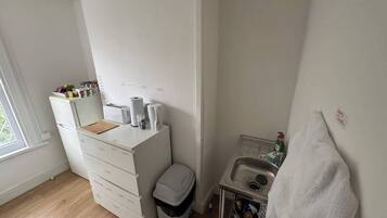 Fridge, microwave, electric kettle, toaster