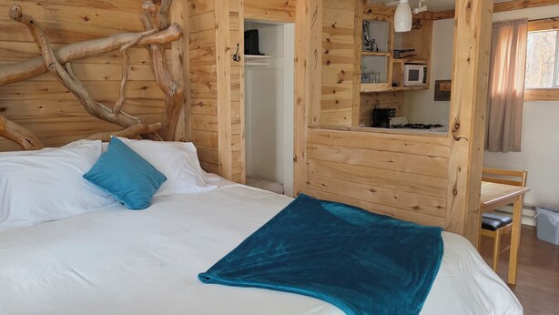 Ein Zimmer in einer Holzhütte mit einem Bett, einem blauen Kopfkissen und einer blauen Decke.