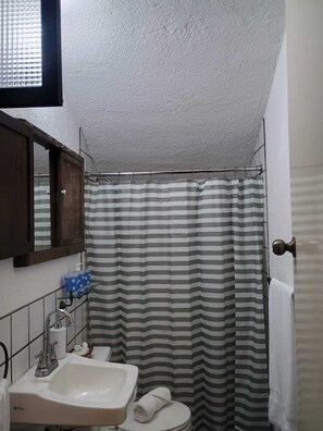 Chuveiro, secador de cabelo, toalhas de banho, sabonete
