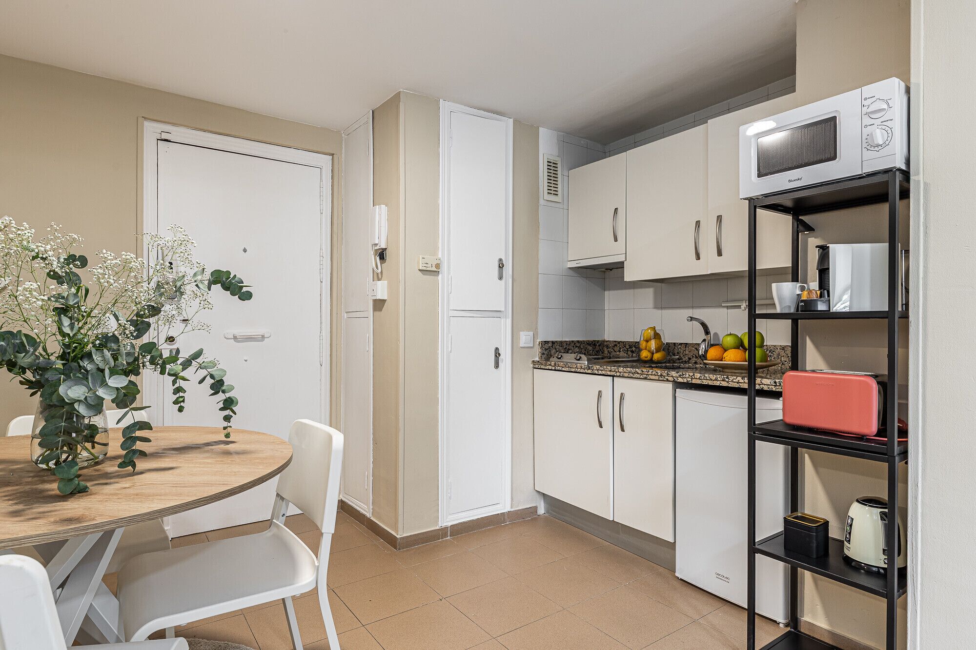 Fridge, microwave, coffee/tea maker, electric kettle