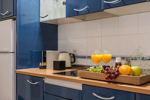 Fridge, microwave, coffee/tea maker, electric kettle