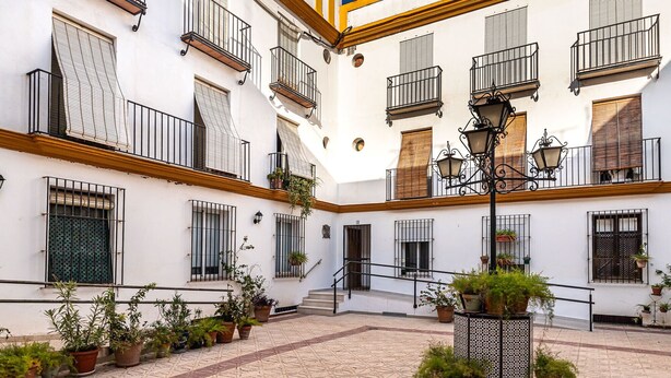 Un patio con plantas en macetas, una escalera y un farol.