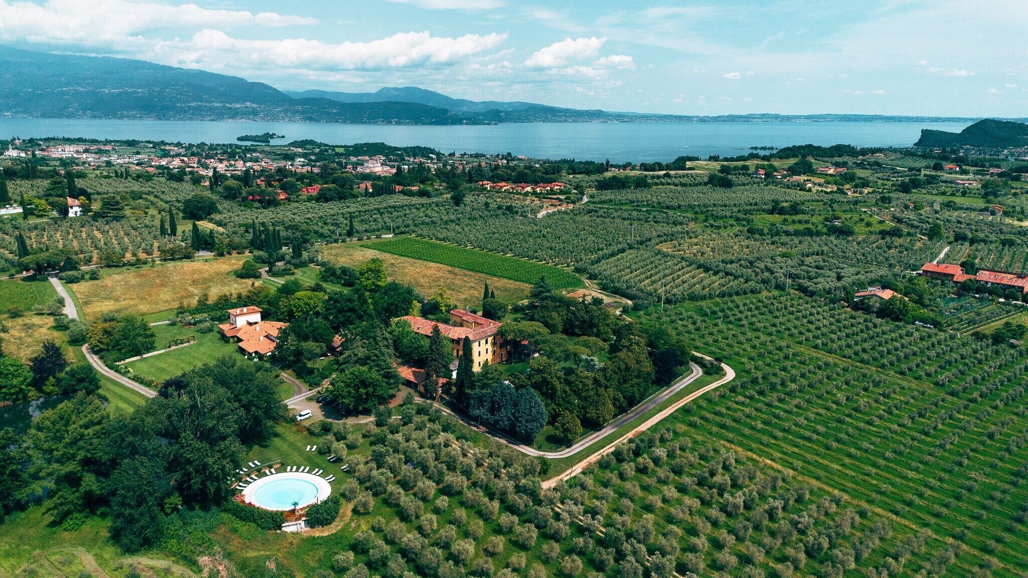 Vista aérea de una zona rural con olivares, una piscina y algunos edificios.