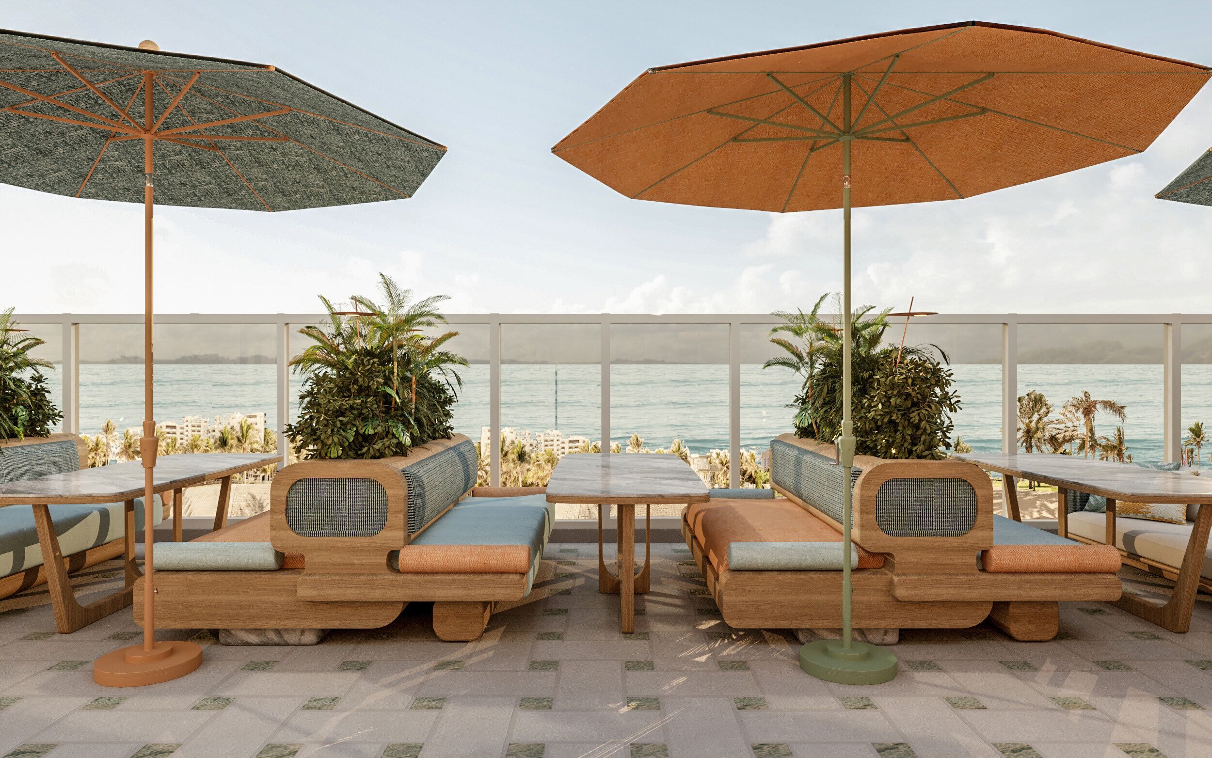 A beachside lounge with wooden loungers, green plants, and large umbrellas.
