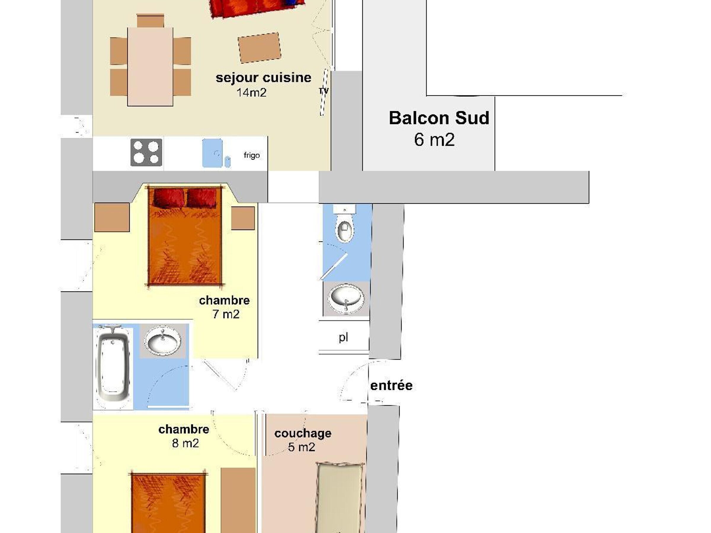 Een plattegrond van een hotelkamer met balkon, keuken, twee slaapkamers, badkamer en woonkamer.