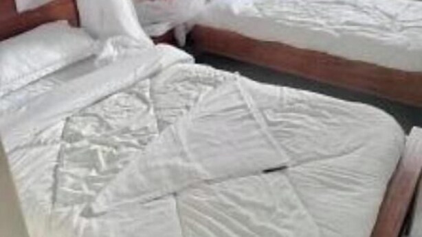 Une chambre avec deux lits, chacun doté d’un baldaquin.