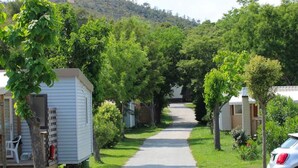 A row of mobile homes with a paved walkway between them, surrounded by greenery and trees. - Mobile home with terrace in Bormes-les-Mimosas (Bormes-les-Mimosas)