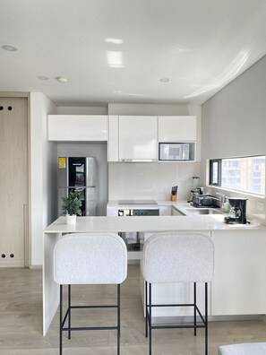 Basic Apartment | Private kitchen | Full-size fridge, microwave, oven, stovetop