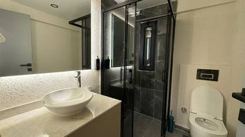 Combined shower/tub, hair dryer, towels, soap
