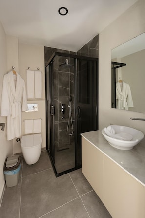 Combined shower/bathtub, hair dryer, towels, soap