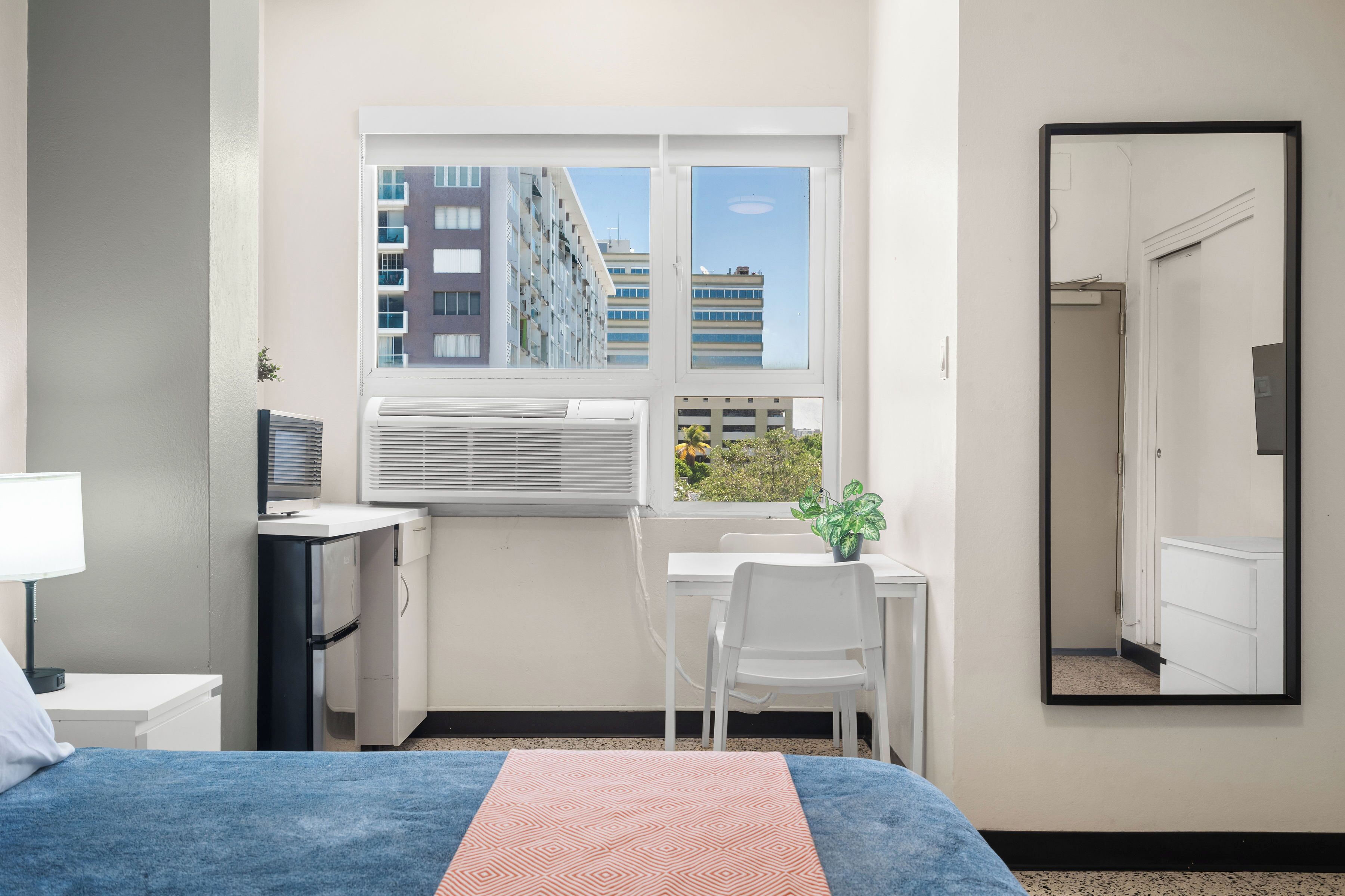 A hotel room with a bed, a desk with a chair, a window with blinds, a mirror, and a small potted plant.