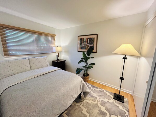 Une chambre à coucher avec un lit, une table de chevet avec une lampe, une plante en pot, un tableau encadré au mur et un tapis à motifs.
