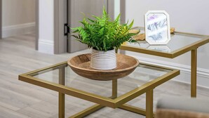 Un interior moderno con una mesa de vidrio, una planta en maceta y un cuadro en la pared.
