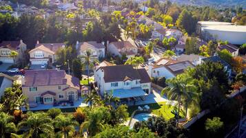 A residential area with houses, a swimming pool, and palm trees.