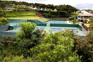 Un complexe de courts de tennis entouré d’une végétation luxuriante et de bâtiments résidentiels.