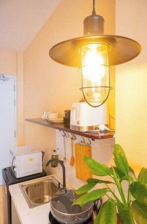 Fridge, microwave, stovetop, electric kettle