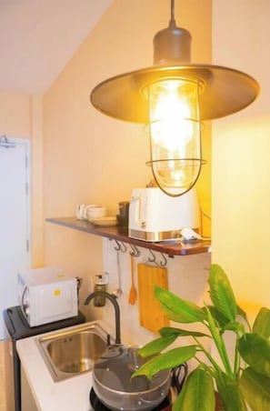 Fridge, microwave, stovetop, electric kettle
