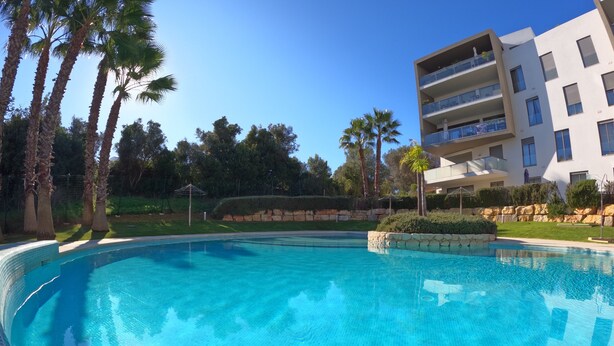 A swimming pool with clear blue water, surrounded by palm trees and a modern building with balconies. - Oasis by Templesuites (Portimão)