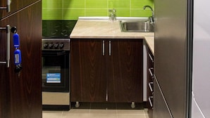 A compact kitchen with wooden cabinets, a stainless steel refrigerator, a built-in oven, and a green backsplash. - Hostel Put Svile-Hostel Silk Road (Subotica)