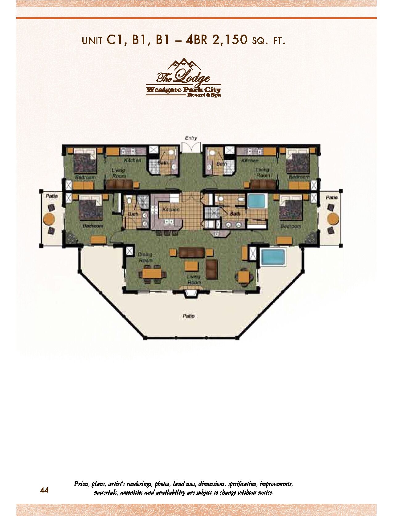 Plano de planta de un hotel que incluye dos dormitorios, dos baños, un comedor, una sala de estar, una cocina y un patio.
