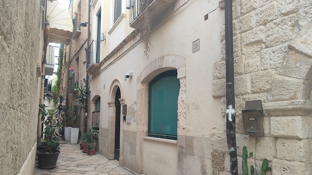 A narrow alleyway with stone walls, potted plants, and a green door. - Dimora San Triggiano (Bari)