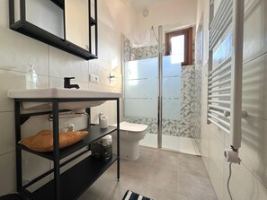 Chuveiro, secador de cabelo, toalhas de banho, sabonete