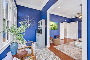 TV connectée, cheminée, livres, médiathèque