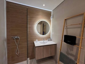 Hair dryer, towels, soap, toilet paper
