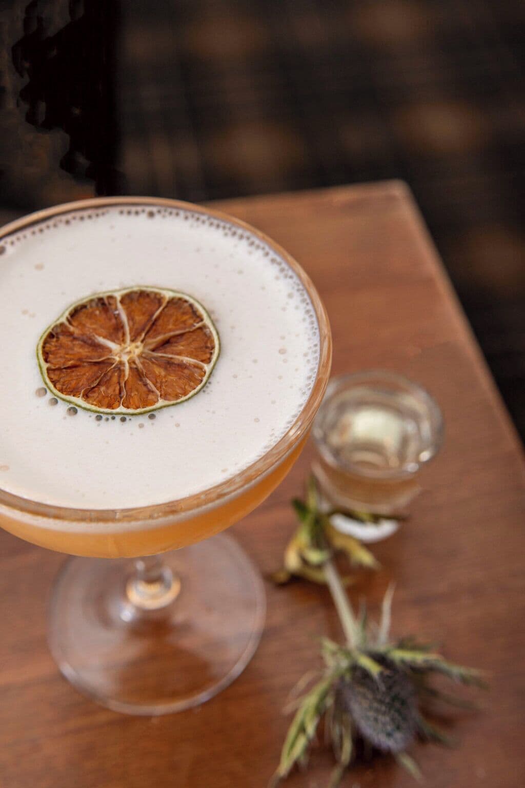 A cocktail with a dried orange slice garnish on a glass with a stem.