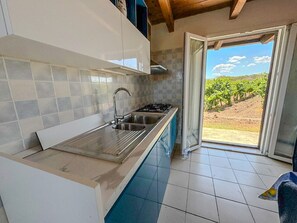 Een koelkast, een oven, een kookplaat, een vaatwasser