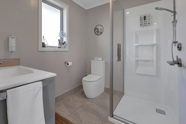 A modern bathroom with a glass-enclosed shower, a white sink, and a toilet. - Serendipity - One Tree Point Holiday Home (Whangarei)