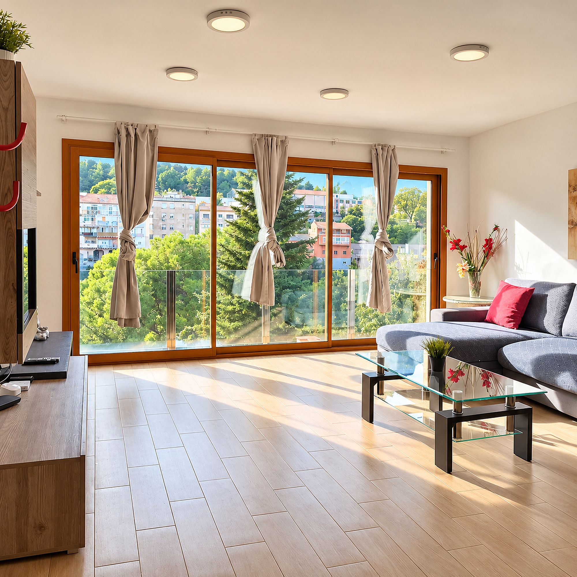 Una sala de estar moderna con un sofá, una mesa de centro de vidrio y vistas a un paisaje urbano a través de amplios ventanales.