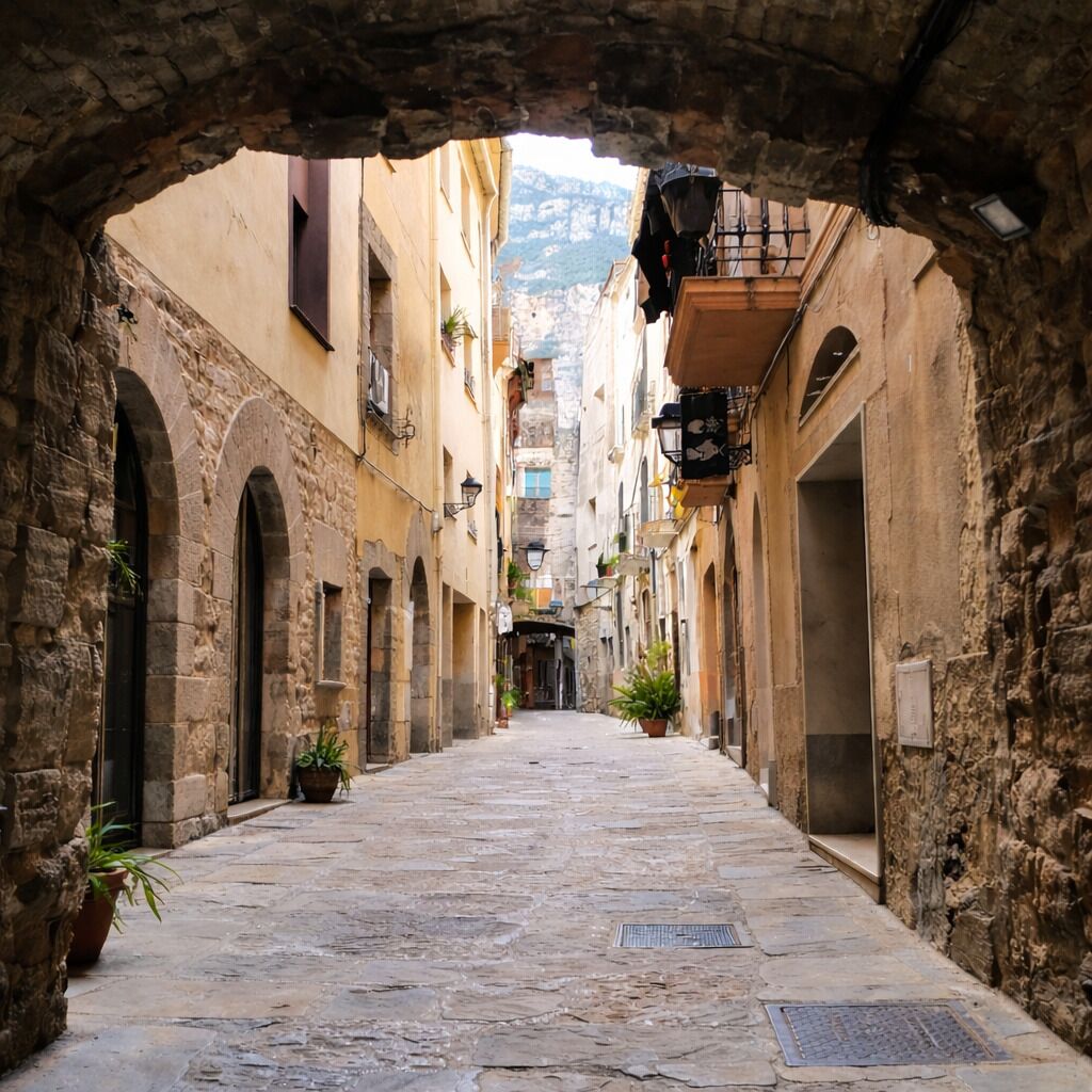 A narrow stone-paved alleyway with arched doorways, potted plants, and hanging lanterns.