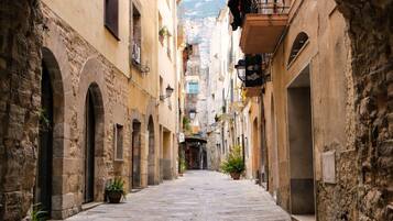 A narrow stone-paved alleyway with arched doorways, potted plants, and hanging lanterns.