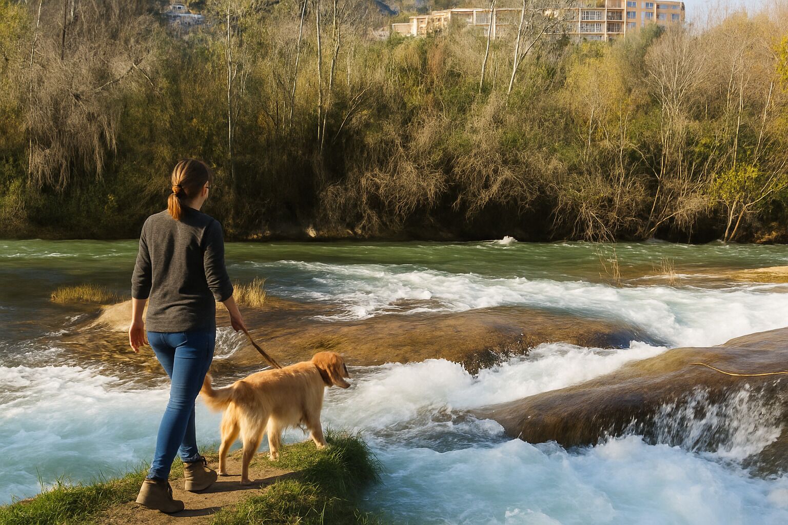 En person och en hund på en stenig flodbank, med en strömmande flod och täta träd i bakgrunden.