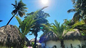 Un resort tropical con cabañas de techo de paja, palmeras y un cielo azul despejado.
