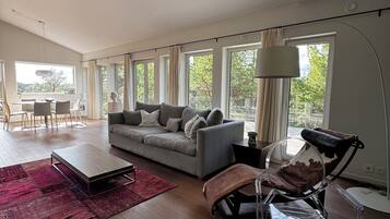 Smart-tv, eldstad och en stereo