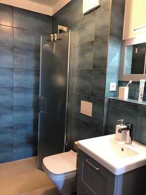 Shower, hair dryer, soap