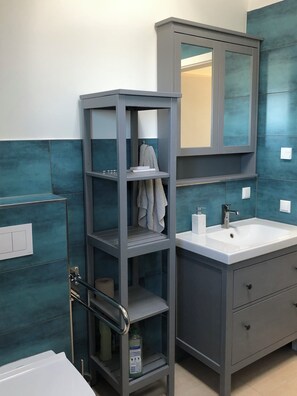 Shower, hair dryer, soap